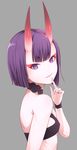  bob_cut breasts eyebrows_visible_through_hair fang fang_out fate/grand_order fate_(series) finger_to_mouth ha-ru headpiece highres horns looking_at_viewer oni oni_horns parted_lips pointy_ears purple_eyes purple_hair short_hair shuten_douji_(fate/grand_order) small_breasts smile solo upper_body 