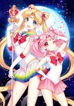  ;) bishoujo_senshi_sailor_moon blonde_hair blue_eyes blue_sailor_collar blush bow bowtie brooch chibi_usa choker commentary_request crescent double_bun earrings full_moon gloves hair_ornament hairclip heart heart_choker highres holding holding_staff jewelry long_hair looking_at_viewer moon multicolored multicolored_clothes multicolored_skirt multiple_girls nardack night night_sky one_eye_closed open_mouth pink_choker pink_eyes pink_hair pink_neckwear pink_sailor_collar sailor_chibi_moon sailor_collar sailor_moon sailor_senshi_uniform skirt sky smile spiral_heart_moon_rod staff star_(sky) starry_sky super_sailor_moon tiara tsukino_usagi twintails v very_long_hair wand white_gloves white_legwear yellow_choker yellow_neckwear 