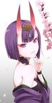  bob_cut breasts cherry_blossoms eyebrows_visible_through_hair fang fang_out fate/grand_order fate_(series) finger_to_mouth ha-ru headpiece highres horns japanese_clothes kimono looking_at_viewer off_shoulder oni oni_horns parted_lips petals pointy_ears purple_eyes purple_hair purple_kimono short_hair shuten_douji_(fate/grand_order) small_breasts smile solo upper_body 