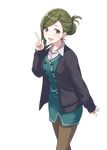 asymmetrical_hair blazer brown_eyes brown_legwear cardigan collared_shirt cowboy_shot folded_ponytail formal green_hair green_jacket green_skirt hair_behind_ear hand_up idolmaster idolmaster_shiny_colors index_finger_raised jacket long_hair looking_at_viewer nanakusa_hazuki office_lady official_art open_cardigan open_clothes open_mouth pantyhose pencil_skirt shirt skirt skirt_suit solo suit transparent_background 
