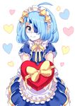  apron blue_hair box chocolate eyepatch heart heart-shaped_box highres maid maid_apron maid_headdress mask nyanafk original ribbon solo valentine 