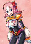  android bangs belt bent_over blue_eyes blush bodysuit breasts capcom dated eyebrows_visible_through_hair gloves gradient gradient_background hair_between_eyes headgear highres large_breasts looking_at_viewer looking_to_the_side multicolored_hair nana_(rockman) open_mouth pink_hair power_armor rockman rockman_x rockman_x_command_mission short_hair signature smile sumomo teeth two-tone_hair 