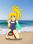  1girl ball balloon bangs bare_arms bare_shoulders barefoot beach blonde_hair blue_eyes blush breasts cameltoe capcom character_balloon ciel_(rockman) eyebrows_visible_through_hair foam hair_between_eyes headgear high_ponytail innertube kneeling long_hair name_tag photo_background ponytail popsicle riding rockman rockman_zero school_swimsuit sea sexually_suggestive sitting_on_ball sky small_breasts solo_focus suggestive swimsuit water zero_(rockman) 