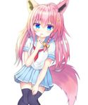  animal_ears blue_eyes braid finger_to_mouth fox_ears fox_girl fox_tail hair_ornament highres long_hair open_mouth original pink_hair pleated_skirt ryusei school_uniform serafuku shirt short_sleeves side_braid skirt star star_hair_ornament tail tears thighhighs zettai_ryouiki 