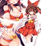  ascot bare_shoulders between_fingers bikini blush bow breasts brown_hair cleavage collarbone commentary_request detached_sleeves frills gohei hair_bow hair_tubes hakurei_reimu highres kneehighs long_sleeves looking_at_viewer maturiuta_sorato medium_breasts midriff multiple_views ofuda open_mouth red_bikini red_bow red_eyes red_shirt red_skirt shirt shoes simple_background skirt smile swimsuit touhou white_background white_legwear wide_sleeves yellow_bow yellow_neckwear 
