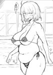  annoyed belly big_belly bikini blush breasts collarbone fat_folds fate/grand_order fate_(series) hr13 jeanne_d'arc_(alter)_(fate) jeanne_d'arc_(fate)_(all) large_breasts looking_at_viewer micro_bikini navel open_mouth plump sagging_breasts short_hair side-tie_bikini simple_background solo swimsuit thick_thighs thighs walking 