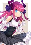  blue_eyes commentary detached_sleeves dragon_horns dragon_tail elizabeth_bathory_(fate) elizabeth_bathory_(fate)_(all) fate/extra fate/extra_ccc fate_(series) highres horns long_hair looking_at_viewer mozzarella plaid plaid_skirt pointy_ears pose purple_hair simple_background skirt solo tail two_side_up 