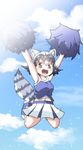  :d alternate_costume animal_ears arms_up bare_legs bare_shoulders cheerleader common_raccoon_(kemono_friends) fang hachikuji_kenuta highres jumping kemono_friends midriff multicolored_hair open_mouth pleated_skirt pom_poms raccoon_ears raccoon_tail short_hair skirt smile solo sparkle tail 