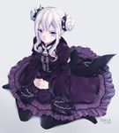  1girl blue_eyes chains dong_bai double_bun frills frown full_body grey_background hair_between_eyes hair_bun long_sleeves looking_at_viewer looking_up purple_dress saki_(hxaxcxk) scrunchie shin_sangoku_musou sidelocks signature silver_hair simple_background sitting small_breasts solo spikes 