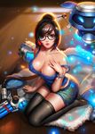  cleavage erect_nipples gun liang_xing megane mei_(overwatch) overwatch thighhighs wet 