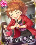  blush brown_hair card_medium character_name eyes_closed idolmaster idolmaster_cinderella_girls jacket microhpone ohnishi_yuriko short_hair singing stars 