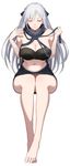  absurdres ak-12_(girls_frontline) alternate_costume bandeau bangs bare_arms bare_legs bare_shoulders black_bow black_bra bow bra braid breasts cleavage closed_eyes commentary_request eyebrows_visible_through_hair girls_frontline greem_bang hair_between_eyes hair_bow hands_up highres holding_clothes korean_commentary large_breasts legs_together long_hair meme_attire navel sidelocks simple_background sitting smile solo stomach strapless strapless_bra thighs underwear virgin_killer_sweater white_background white_hair 