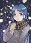  alternate_costume aqua_eyes bangs blue_hair blurry blurry_background blush bokeh brown_gloves coat dated depth_of_field double-breasted eyebrows_visible_through_hair gloves hand_up highres hiroe_(cosmos_blue-02_421) kantai_collection long_hair long_sleeves looking_at_viewer looking_to_the_side plaid plaid_scarf samidare_(kantai_collection) scarf signature snowing solo swept_bangs upper_body winter_clothes 