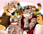  2018 anthro bearlovestiger13 cat clothing feline fur green_eyes hi_res leopard leopard_cat lin_hu male mammal muscular muscular_male nekojishi pecs shu-chi simple_background tiger 