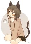  :o ahoge animal_ears bangs blue_eyes blush brown_hair brown_hoodie cat_ears cat_girl cat_tail commentary_request drawstring eyebrows_visible_through_hair fang foomi grey_background hood hood_down hoodie kneehighs long_sleeves looking_away open_mouth original sitting sleeves_past_wrists solo tail two-tone_background v-shaped_eyebrows wariza white_background white_legwear 