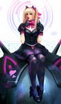  absurdres animal_ears argyle argyle_legwear black_cat_d.va black_dress black_gloves blonde_hair bow bowtie brown_eyes d.va_(overwatch) dress fake_animal_ears gloves hair_bow heart highres lolita_fashion mecha momodesuuu overwatch purple_legwear shoes solo twintails v whisker_markings 