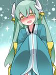  :d blush dragon_horns fate/grand_order fate_(series) green_hair hammer_(sunset_beach) horns japanese_clothes kimono kiyohime_(fate/grand_order) long_hair looking_at_viewer multiple_horns open_mouth smile solo sparkle wide_sleeves yellow_eyes 