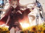  black_dress blonde_hair cape commentary_request dress ereshkigal_(fate/grand_order) fate/grand_order fate_(series) flower hair_ribbon highres light_smile long_hair md5_mismatch petals red_cape red_eyes ribbon short_dress single_sleeve skull solo spine sunflower two_side_up uwro 