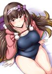  belly black_hair blush breasts brown_hair curvy fat_folds fate/grand_order fate_(series) gradient_hair hairband highres large_breasts long_hair looking_at_viewer low_twintails multicolored_hair nokoppa one-piece_swimsuit osakabe-hime_(fate/grand_order) plump purple_eyes school_swimsuit smile solo swimsuit swimsuit_under_clothes twintails very_long_hair 