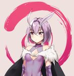  antennae bare_shoulders blush breasts cape cleavage_cutout cowfee elbow_gloves eyebrows_visible_through_hair fur fur-trimmed_cape fur_trim gloves hair_between_eyes looking_to_the_side mayu_(kaafi) monster_girl moth_girl original purple_eyes purple_gloves purple_hair short_hair simple_background small_breasts solo upper_body 