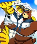  2018 abs anthro bear bearlovestiger13 biceps brown_fur clothing feline fur hi_res juuichi_mikazuki male mammal morenatsu muscular pecs simple_background tiger torahiko_(morenatsu) 