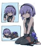  black_gloves black_hairband cleavage_cutout comic dark_skin fate/grand_order fate/prototype fate/prototype:_fragments_of_blue_and_silver fate_(series) fingerless_gloves gloves hairband hammer_(sunset_beach) hassan_of_serenity_(fate) looking_at_viewer parted_lips purple_eyes purple_hair silent_comic sitting sleeping sleepy wariza zzz 