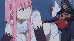  1girl artist_request blue_hair breasts chest_tattoo crossover cu_chulainn_alter_(fate/grand_order) darling_in_the_franxx derivative_work fate/grand_order fate_(series) jpeg_artifacts lancer look-alike looking_back medb_(fate)_(all) medb_(fate/grand_order) medium_breasts parody piloting pink_hair red_eyes screencap_redraw tattoo yellow_eyes 