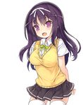  :d arms_behind_back bangs black_skirt blush bow breasts collared_shirt cowboy_shot eyebrows_visible_through_hair green_bow hair_between_eyes hair_bow hairband head_tilt kurasuke large_breasts long_hair open_mouth original pleated_skirt purple_eyes purple_hair school_uniform shirt short_sleeves simple_background skirt smile solo sweater_vest thighhighs very_long_hair white_background white_bow white_hairband white_legwear white_shirt 