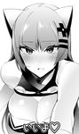  bare_shoulders blush breasts cleavage cleavage_cutout cosplay eyebrows_visible_through_hair greyscale hair_ornament heart highres hizuki_akira kaguya_luna kaguya_luna_(character) kaguya_luna_(character)_(cosplay) large_breasts looking_at_viewer monochrome natsume_(pokemon) open_mouth outstretched_arm pokemon pokemon_(game) pokemon_rgby smile solo virtual_youtuber 