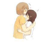  2girls :o bangs blush brown_hair eyebrows_visible_through_hair foomi forehead_kiss heart hug kiss light_brown_hair long_hair lowres multiple_girls original parted_lips puffy_short_sleeves puffy_sleeves shirt short_sleeves simple_background white_background white_shirt yellow_shirt yuri 