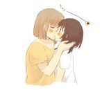  bangs black_eyes blush brown_hair closed_eyes eyebrows_visible_through_hair foomi hand_on_another's_face heart kiss light_brown_hair long_hair lowres multiple_girls original puffy_short_sleeves puffy_sleeves shirt short_sleeves simple_background surprised white_background white_shirt yellow_shirt yuri 