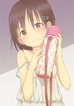  1girl blush child dress female hairclip kikai_(akita_morgue) looking_at_viewer original smile solo strap_slip sweat thermos 