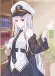  azur_lane blurry bookshelf coat coffee coffee_mug commentary_request cup depth_of_field enterprise_(azur_lane) hat highres long_hair looking_at_viewer mashita_(kuzsat) military_jacket mug necktie peaked_cap pleated_skirt purple_eyes silver_hair skirt smile solo steam 