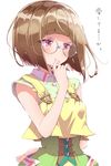  :o arm_behind_back bangs blush bokkun_(doyagaobyo) brown_hair crop_top dress erica_brown eyebrows_visible_through_hair glasses highres looking_at_viewer red_eyes short_hair simple_background sleeveless sleeveless_dress solo upper_body violet_evergarden white_background wind 