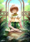  bangs book brown_hair buttons chiiririn crop_top dress envelope erica_brown glasses letter looking_at_viewer mole mole_under_mouth open_book orange_eyes outdoors short_hair sitting sleeveless sleeveless_dress smile solo violet_evergarden 