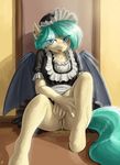  2017 absurd_res anthro bat_pony bat_wings blush clothing digital_media_(artwork) ear_piercing female hair hi_res inside looking_at_viewer maid_uniform membranous_wings open_mouth piercing pussy solo the-minuscule-task uniform urine watersports wings 