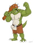  anthro canson club_(weapon) crocodile crocodilian donkey_kong_(series) erection eye_patch eyewear klubba kremling male melee_weapon muscular nintendo penis penis_through_fly poking_out reptile scalie solo spikes video_games weapon 