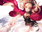  1girl :d black_dress blonde_hair blush cape commentary_request dress earrings ereshkigal_(fate/grand_order) fate/grand_order fate_(series) fujimaru_ritsuka_(male) gold_trim hair_ribbon hizuki_miya holding_hands jewelry long_hair looking_at_viewer nail_polish open_mouth out_of_frame partially_submerged pov pov_hands red_cape red_eyes red_nails ribbon short_dress skull smile solo_focus spine tiara two_side_up water 