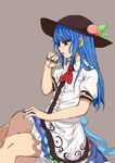  1boy 1girl bald blue_hair blush cunnilingus frills hand_on_head hat hinanawi_tenshi kani long_hair looking_at_another nail_polish open_mouth peach puffy_sleeves red_eyes ribbon short_sleeves simple_background sitting touhou 