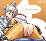  2017 all_fours animal_ears anus artist_name ass bangs bent_over blunt_bangs blush bodysuit english eyebrows_visible_through_hair fang from_behind half-closed_eyes highres hood looking_at_viewer looking_back naughty_face niyah no_panties pussy revtilian seductive_smile silver_hair smile solo speech_bubble teeth text_focus torn_bodysuit torn_clothes uncensored xenoblade_(series) xenoblade_2 yellow_eyes 