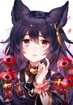  bags_under_eyes black_hair commentary_request death_(granblue_fantasy) earrings erune eyebrows_visible_through_hair flower frills granblue_fantasy jewelry long_hair myusha open_mouth red_eyes scratching_cheek white_background 