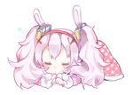  :o animal_ears azur_lane bangs blush bunny_ears closed_eyes eyebrows_visible_through_hair hair_ornament hairband jacket laffey_(azur_lane) long_hair long_sleeves lying on_stomach parted_lips pink_jacket polka_dot red_hairband shijimi_kozou silver_hair simple_background sleeves_past_wrists solo white_background 
