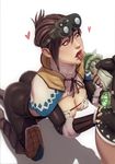  ass bad_id bad_pixiv_id breasts brown_eyes brown_hair cleavage commentary fingerless_gloves gloves goggles goggles_on_head handler_(monster_hunter_world) heart heart-shaped_pupils highres john_doe kneeling medium_breasts monster_hunter monster_hunter:_world mushroom open_mouth phallic_symbol saliva sexually_suggestive simple_background solo_focus sweat symbol-shaped_pupils tongue tongue_out turtleneck 