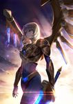  aether_wing_kayle alternate_costume armor blonde_hair bodysuit breastplate covered_navel gloves glowing gold green_eyes ha2go halo highres holding holding_sword holding_weapon jewelry kayle league_of_legends long_hair mechanical_wings mole mole_under_eye necklace outdoors shoulder_armor solo sunset sword walking weapon wind wings 