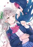  bad_id bad_pixiv_id blazer blue_hair bow bowtie closed_eyes commentary_request cover cover_page eyebrows_visible_through_hair grey_hair hair_between_eyes jacket long_hair long_sleeves looking_at_viewer love_live! love_live!_school_idol_project lying minami_kotori moke_(gaton) multiple_girls one_side_up otonokizaka_school_uniform petals plaid plaid_skirt pleated_skirt red_neckwear school_uniform skirt smile sonoda_umi striped striped_neckwear text_focus upside-down yellow_eyes 
