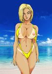  1girl android_18 areolae beach bikini blonde_hair blue_eyes bob_cut breasts censored cloud dragon_ball dragonball_z earrings groin highres hoop_earrings kugayama_hodai large_breasts legs looking_at_viewer mosaic_censoring mound_of_venus naughty_face navel nipples nude ocean outdoors parted_lips pubic_hair pussy sand short_hair sky smile solo standing swimsuit tanline thighs water 