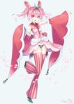  commentary_request detached_sleeves dress gen_7_pokemon headband headgear highres looking_at_viewer lurantis merlusa open_mouth panties personification petals pink_eyes pink_hair pokemon short_hair skirt sleeves solo striped striped_legwear thighhighs twintails underwear vertical-striped_legwear vertical_stripes very_long_sleeves 