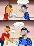  anthro backwards_baseball_cap baseball_cap blue_eyes brown_eyes brown_fur brown_hair canine clothed clothing comic coyote detailed_background dialogue english_text fish fur fuze grey_skin hair hand_holding hat hi_res ian_(fuze) inside jacket male mammal marine midriff mond_reyes open_mouth pants party shark shirt teeth texnatsu text tongue 