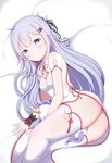  absurdres ahoge ass azur_lane bangs bed_sheet black_ribbon blush breasts bun_cover china_dress chinese_clothes closed_mouth commentary_request dress eyebrows_visible_through_hair hair_bun hair_ribbon highres long_hair looking_at_viewer lying on_side one_side_up purple_eyes purple_hair ribbon short_sleeves side_bun small_breasts solo starfox1015 stuffed_animal stuffed_toy stuffed_unicorn thighhighs unicorn_(azur_lane) very_long_hair white_dress white_legwear wrist_cuffs 