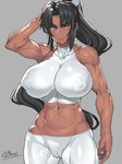  :&lt; abs arm_up artist_name black_hair breasts brown_eyes cameltoe covered_nipples dark_skin grey_background highres huge_breasts impossible_clothes inverted_nipples long_hair looking_at_viewer midriff muscle muscular_female navel obui original ponytail signature simple_background sleeveless solo standing thick_eyebrows thighs very_long_hair 